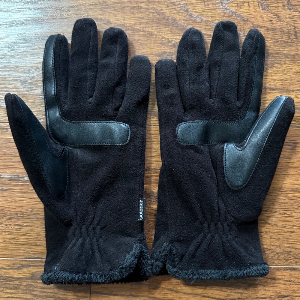 Isotoner Water Repellant Fleece Touchscreen Gloves, Black with Palm Patch